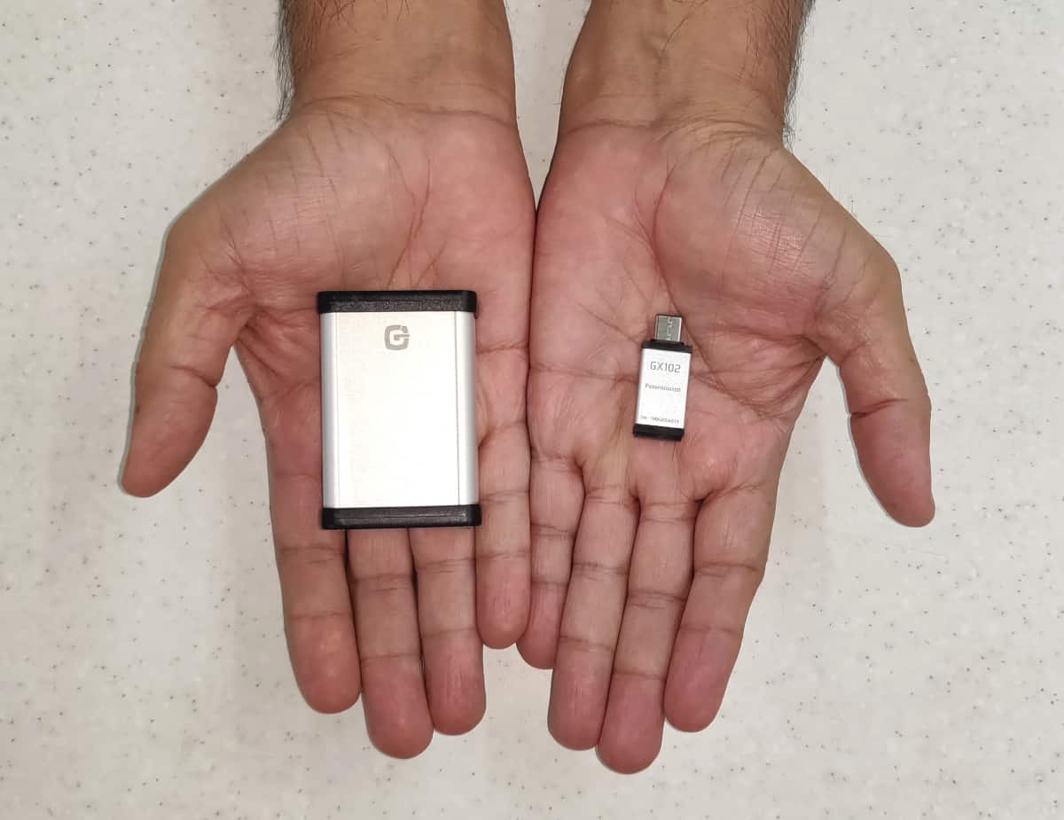 Size comparison of GX102 and GX203 on palm of hand