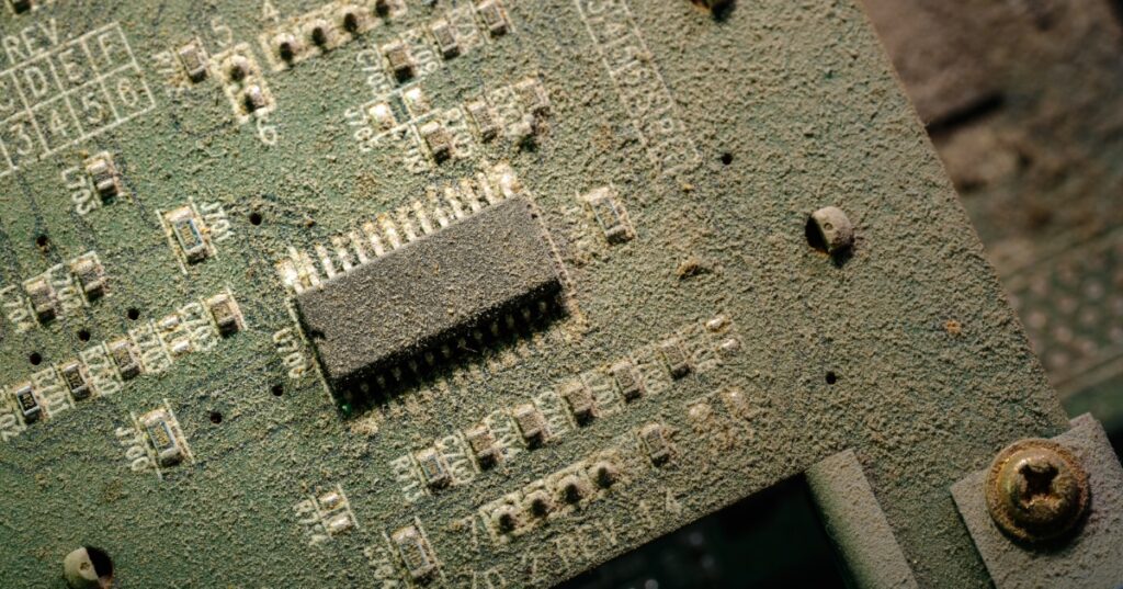 Dust covered electronics board